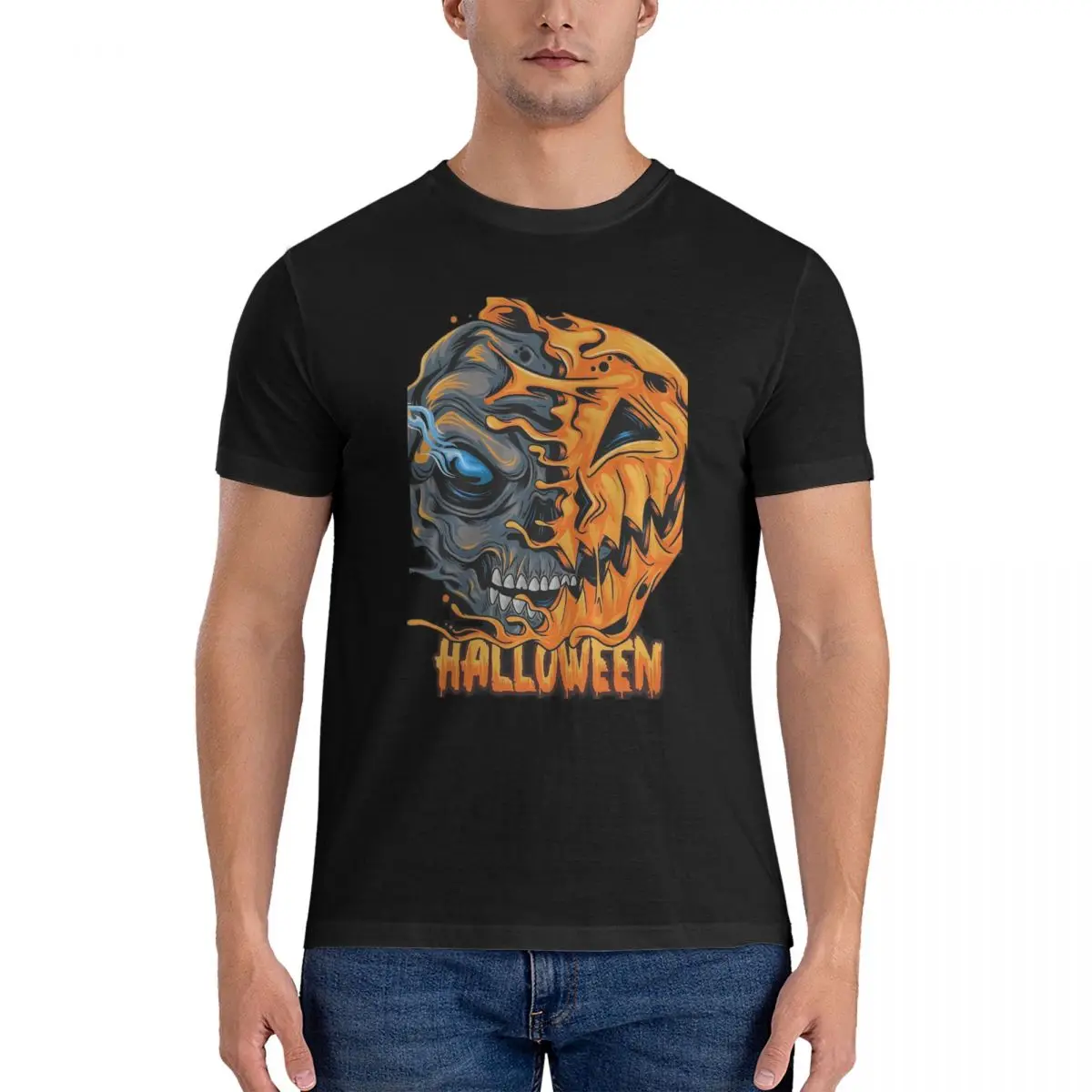 Men Skull Design With Pumpkin For Halloween Graphic T Shirts Pure Cotton Clothing Short Sleeve O Neck Tee Shirt official-website