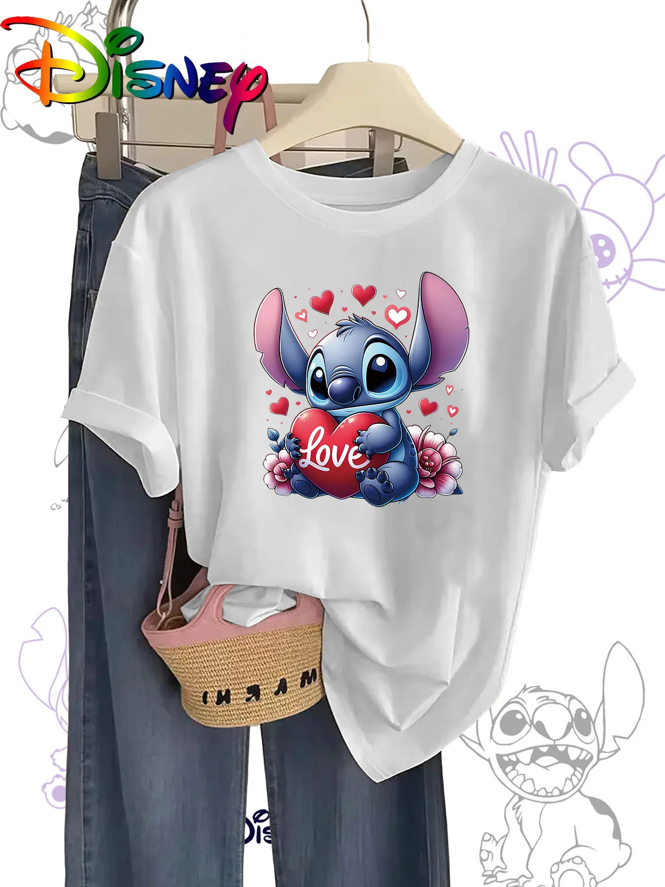 

2025 Женская повседневная удобная уникальная черная футболка с круглым вырезом и короткими рукавами с принтом Disney с уникальным улыбающимся лицом