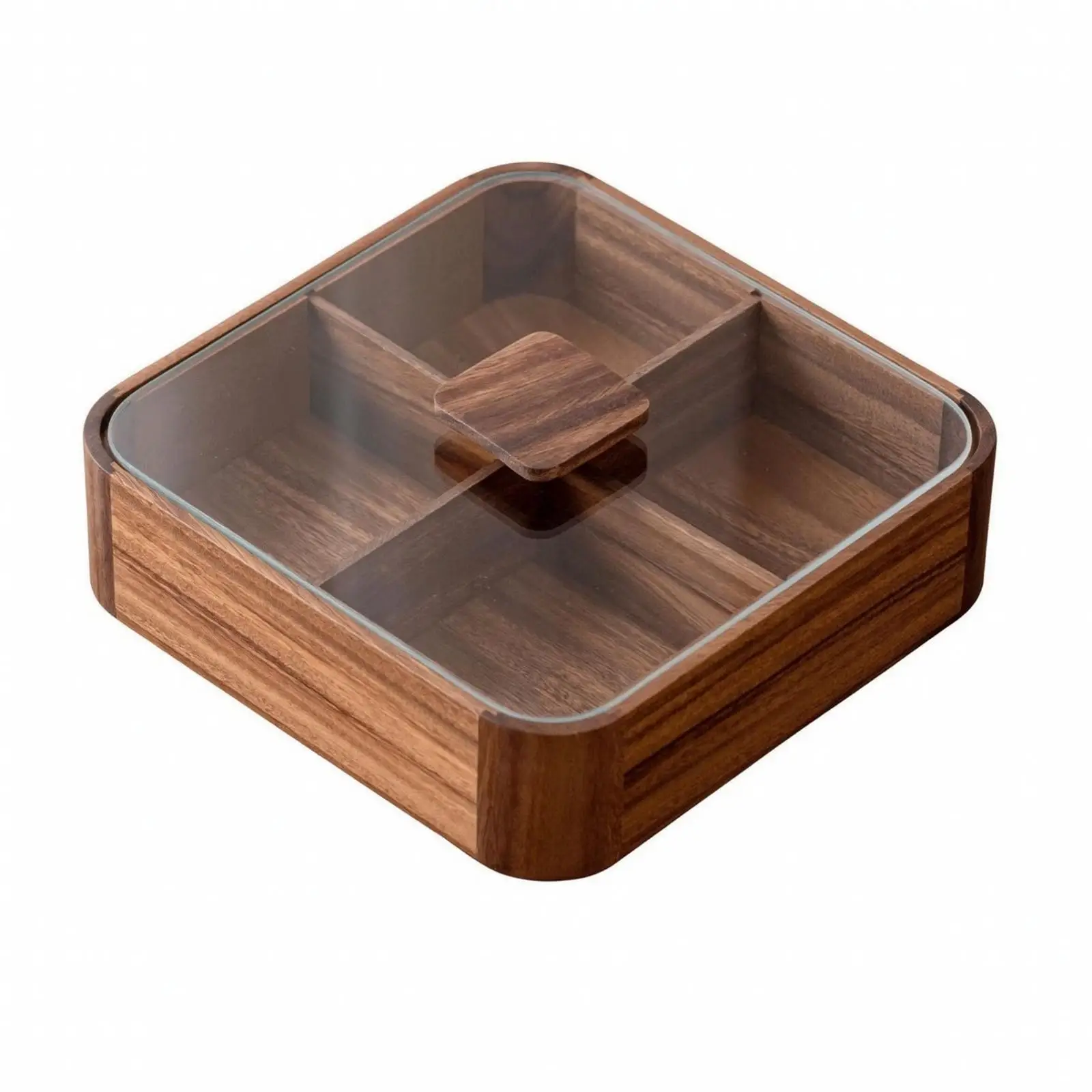Wooden Display Box with Compartments for Nuts and Candy Featuring Glass Lid for Fresh Keeping and Countertop Use