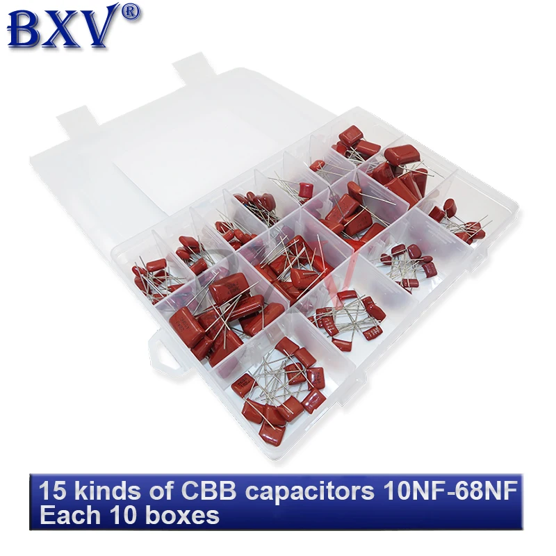 

400V 630V CBB Polypropylene Film Capacitor 0nf-68nf CBB Capacitors 150PCS/Set Assortment Kit 10NF 22NF 47NF 100NF 220NF 470NF