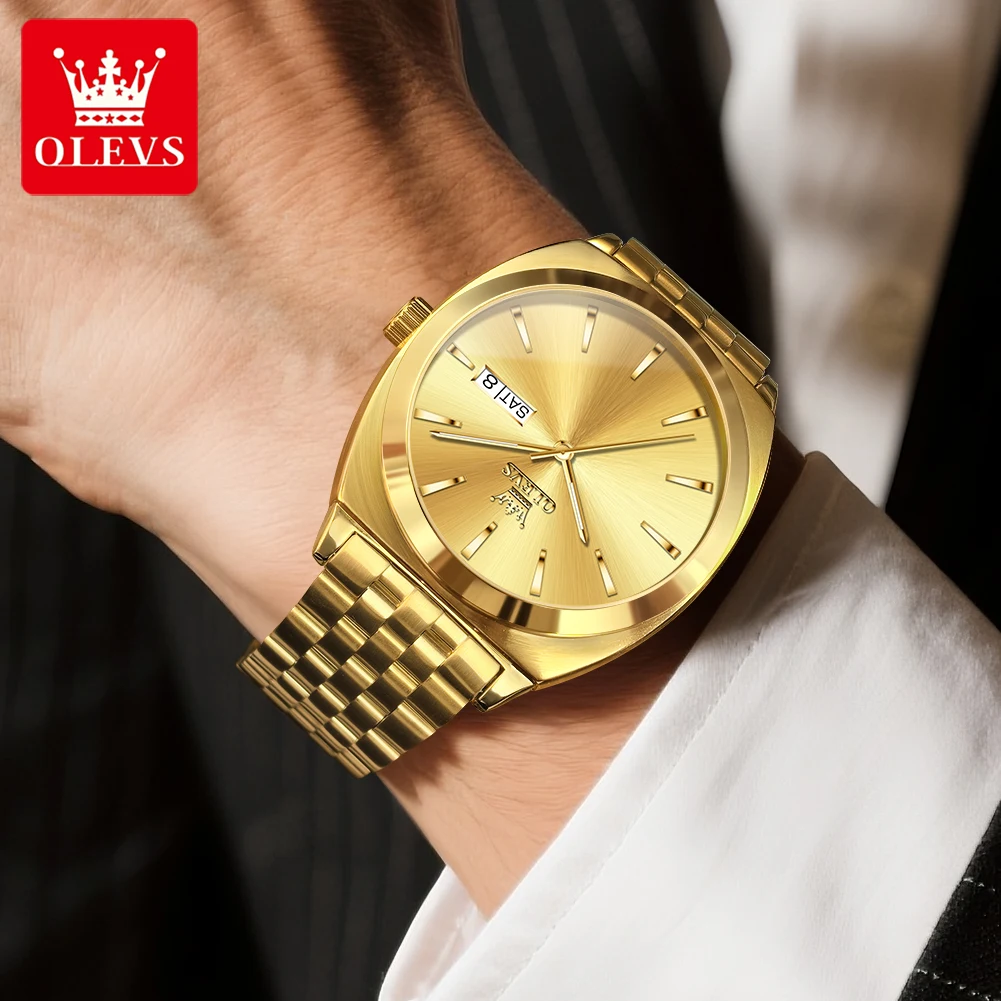 OLEVS 6730 Luksusowy męski oryginalny zegarek Złoty w pełni automatyczny zegarek mechaniczny Modny prosty podwójny kalendarz Wodoodporny męski zegarek