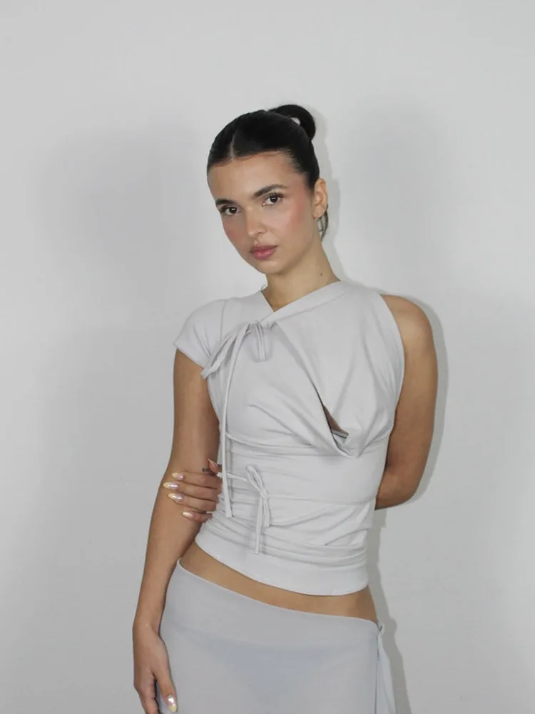 Camiseta Sexy Curta e Justa Estilo Street para Mulheres com Design de Amarração, Camada Múltipla, Efeito Emagrecedor, Produçã...