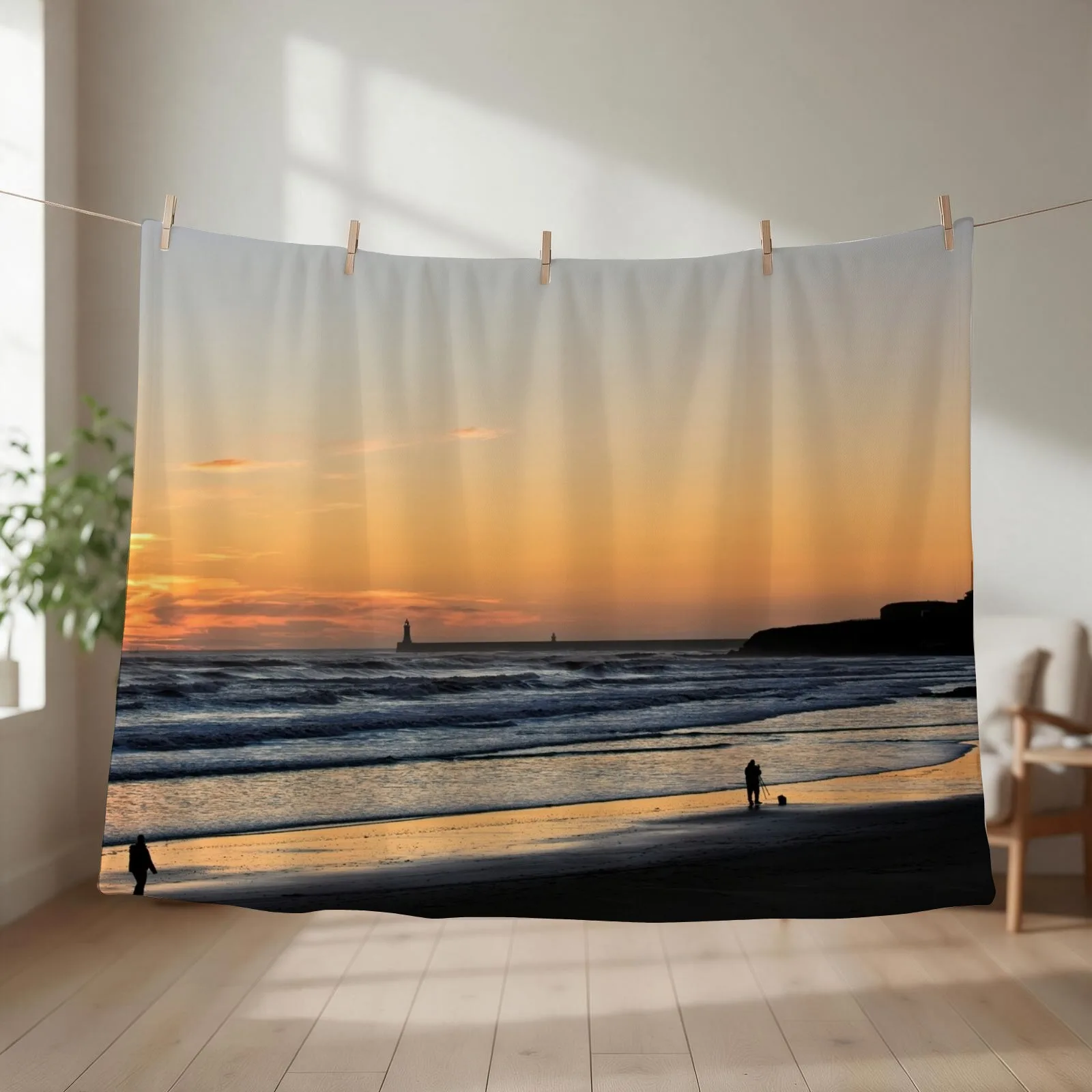December daybreak over Tynemouth Long Sands Throw Blanket couch cozy soft plush fuzzy picnic outdoor blanket