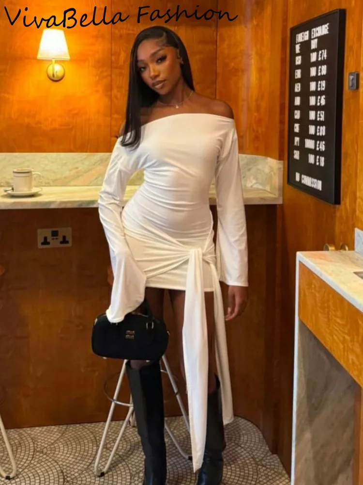 

Solid Off Shoulder Bodycon Dress Women Trendy Waist Cinched Lace Up Slim Mini Skirt 2025 NEW Party Club Sexy Lady Dresses
