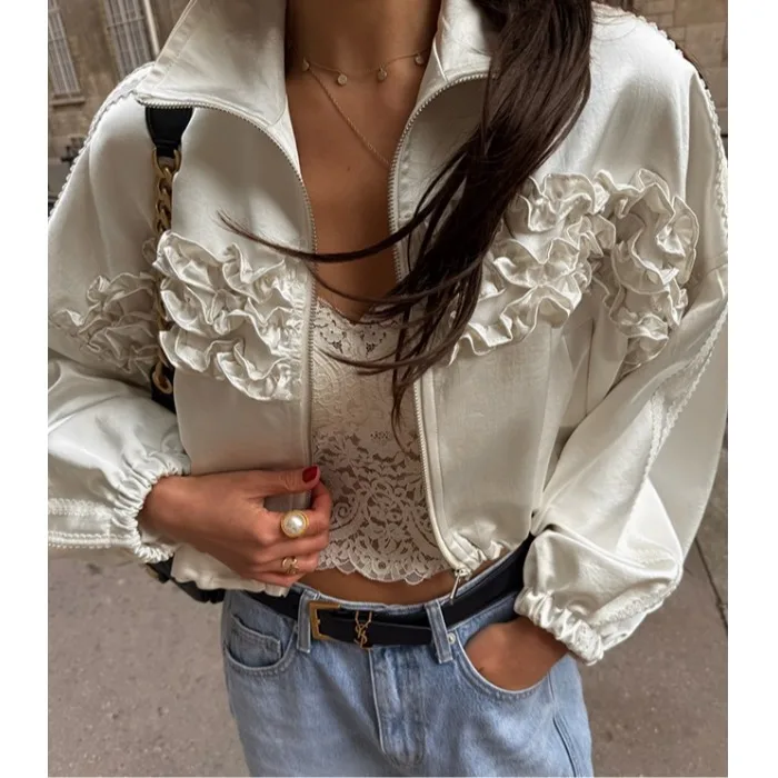 

Ele Women's Top Faion Design Pleated Earlet Lace Zipper Dstring ort Jaet Korean Sle Warm Outerwear