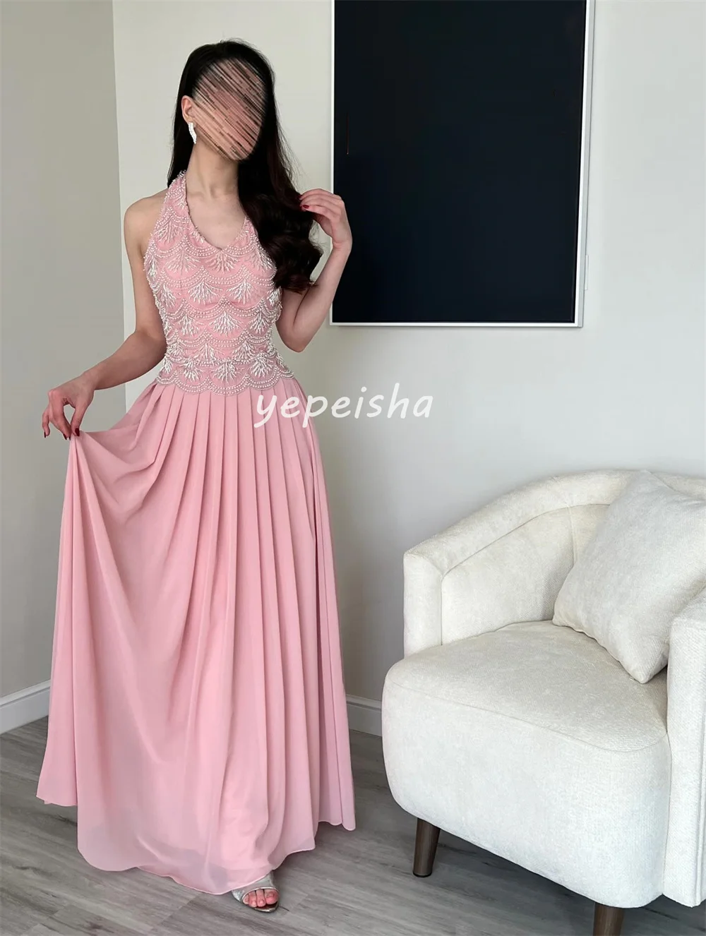 Customized Intricate Sparkle Chiffon Pleat Ruched Rhinestone A-line Halter Long Dresses Evening Dresses Sizes Available Fashion