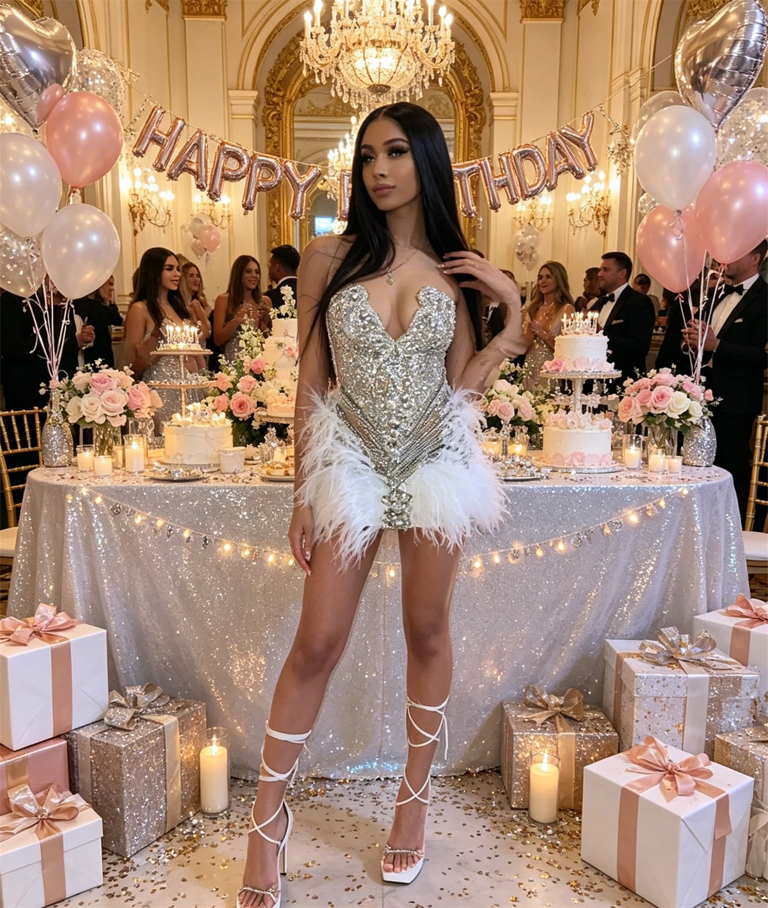 Luxury Birthday Dresses For Women Shiny Sheer Neck Rhinestone Feathers Short Prom Gowns Mini Cocktail Party Outfits Customized