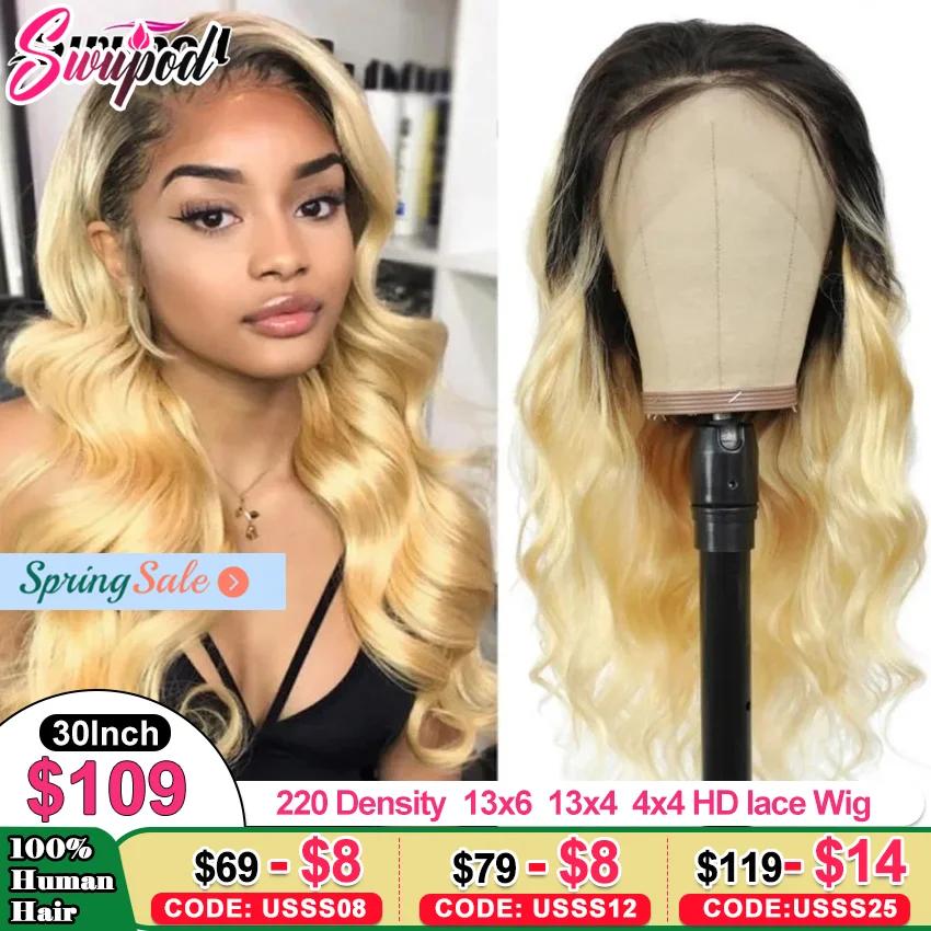 

Swupod Body Wave Remy Human Hair 13x4 HD Lace Front Wig for Women 1B613 Ombre Honey Blonde Black Frontal Glueless Pre Plucked