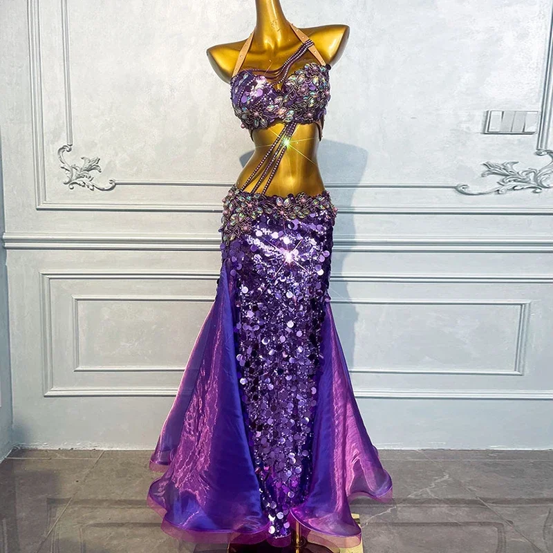 customized belly dance costume women's purple heavy industry diamond hot stamping bead bra hip wrapped fish tail long skirt set