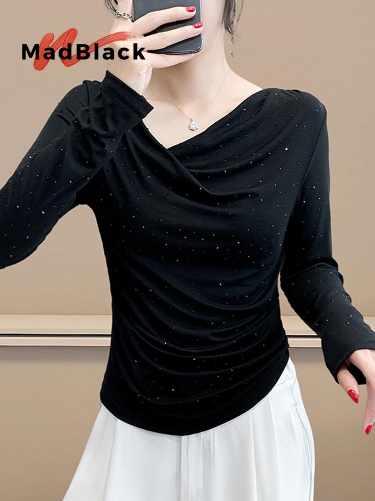 

MadBlack-Women's European T-Shirt, Sexy Skew Collar Hot Diamond, Clubwear Long Sleeve Slim S-3XL Tee, 2025 Autumn New T59002CC