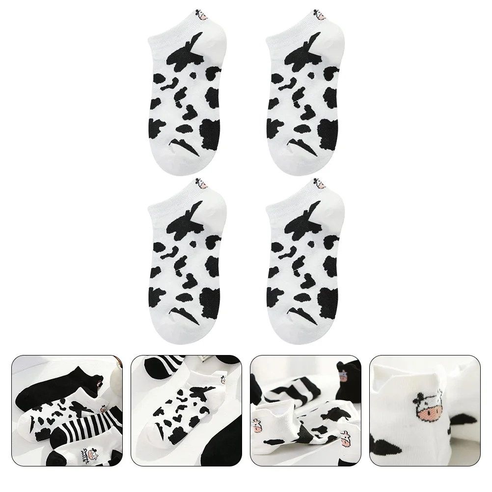 

2 Pairs Cow Cartoon Boat Socks Cute Ankle Holstein Print Low Cut Short Socks Women Kids Teens Spring Summer Autumn