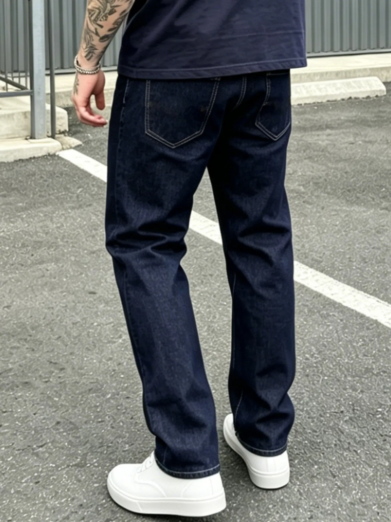 【HME】Men's Jeans | Raw Indigo Denim Pants, Men Loose Straight‑Leg Denim Trousers, Contrast White Stitching Raw‑Wash Denim Bottoms, Mid‑Rise 5‑Pocket Relaxed Fit Denim Pants, Sturdy Wear‑Resistant Jeans For Male Vintage Street Urban Style