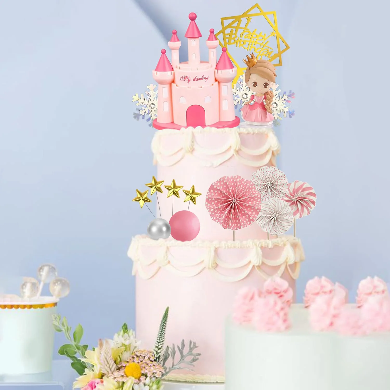 Princess Cake Topper Castle Cake Decoration for Girl Kid Happy Birthday theme Party Decorations Princess Baby Shower Supplies - view 5