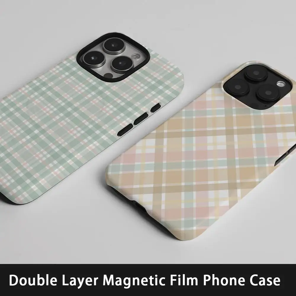 

Grid Texture Phone Case Korean INS For IPhone 16 15 14 13 12 11 Pro Max Plus Luxury Magnetic Double-layer Back Cover