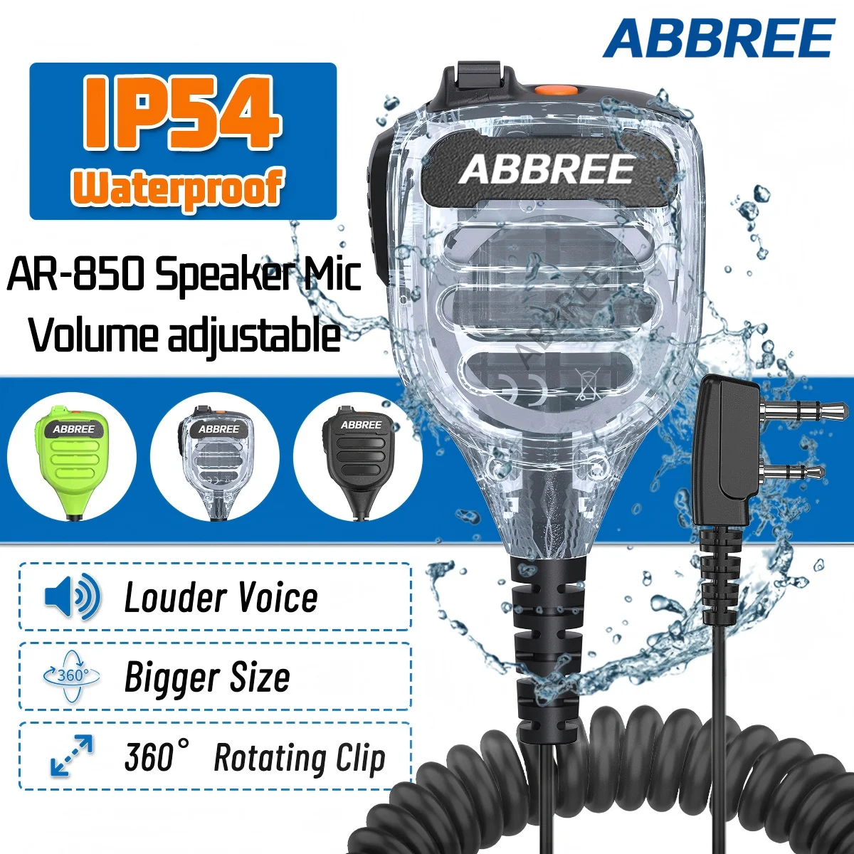 ABBREE AR-850 Lautsprechermikrofon, Lautstärke einstellbar, IP54, wasserdicht, Londer Voice, hohe Qualität, für Baofeng UV-5R BF-888S UV-82 Amateurfunk