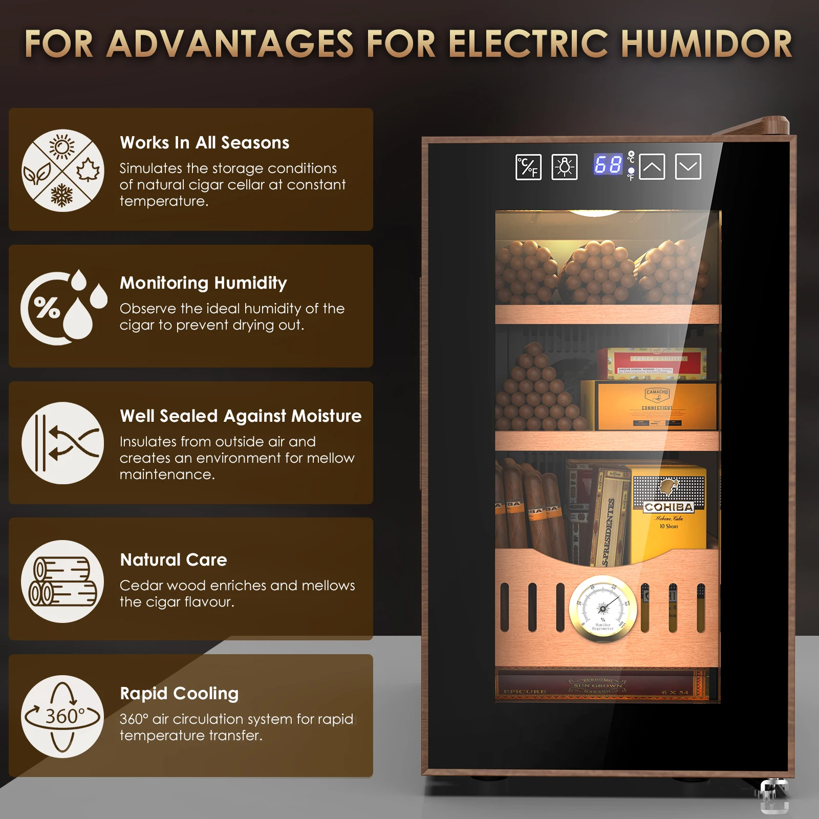 25L Electric Cooler Humidors 150 Counts Electronic Bar Cooler Cabinet with Cooling Control Spanish Cedar Wood Drawer Shelves