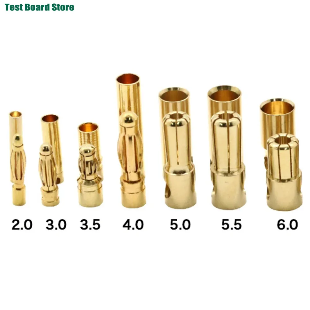 10 Pair/Lot 2.0mm 3.0mm 3.5mm 4.0mm 5mm 5.5mm 6.0mm Gold Bullet Banana Connector Plug for ESC Lipo RC Battery Plugs