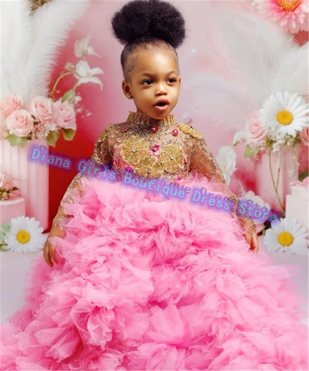 Luxury Layered Flower Girl Dress Tulle Gem Sequin Fluffy Princess For Kids Girls Wedding Birthday Party Ball Gowns Customised