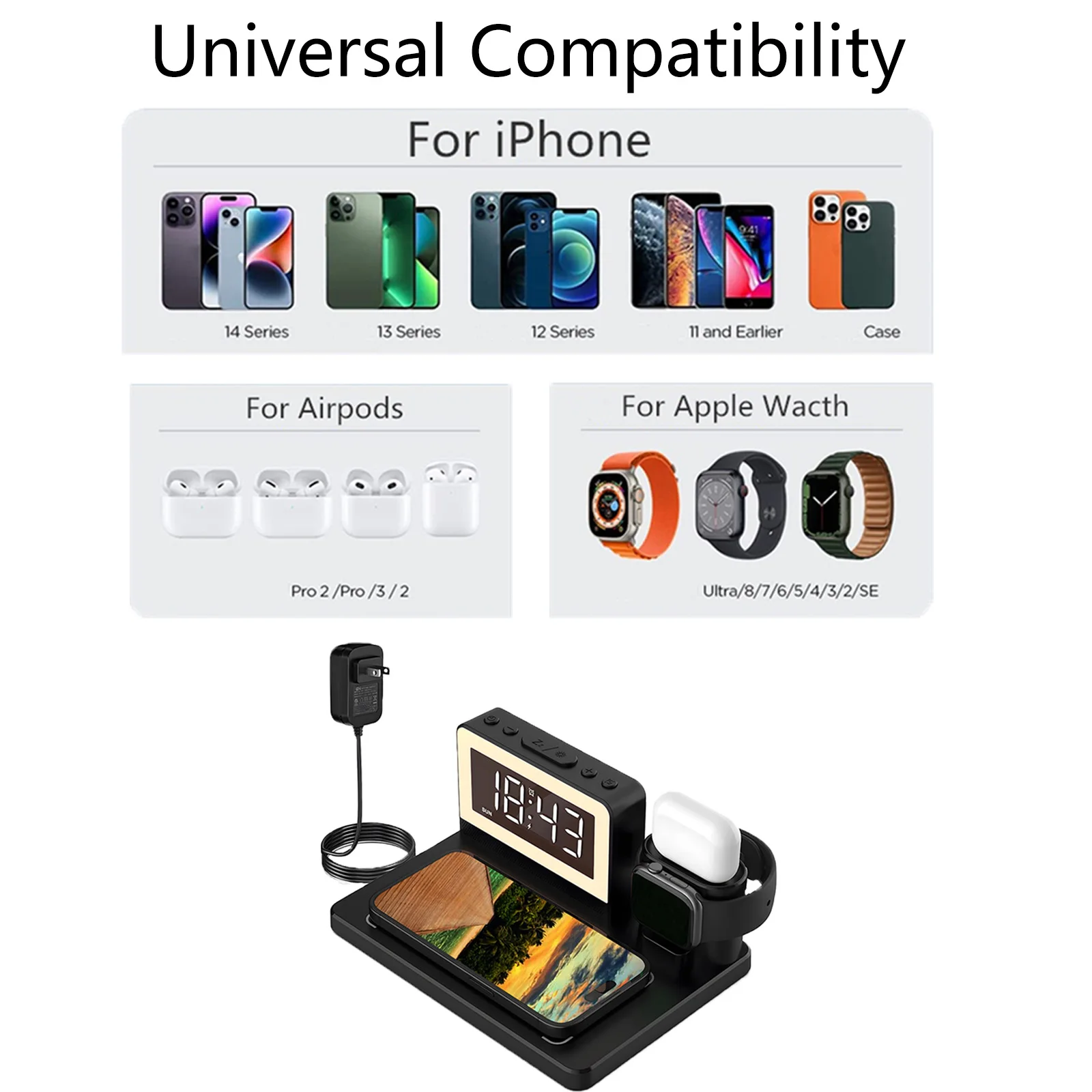 3-in-1 Wireless Charger Multi-function with Night light and Alarm Clock For Apple iPhone Watch Fast Wireless Charging Station