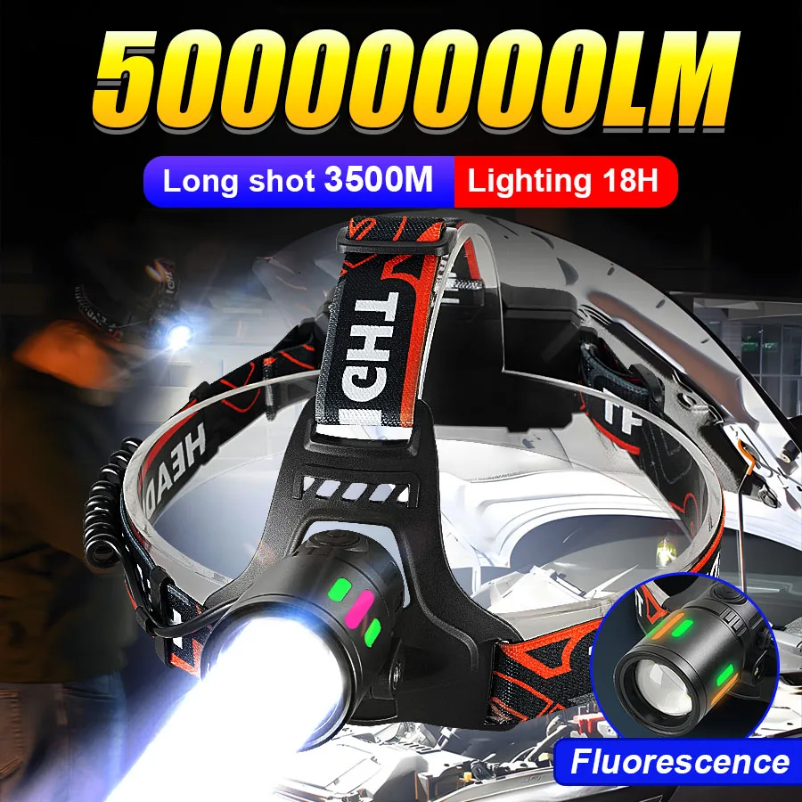 5000000LM Ultra Bright LED Headlamp Powerful Headlights Rechargeable Head Lantern Outdoor Zoom Head Flashlights For Fishing Work