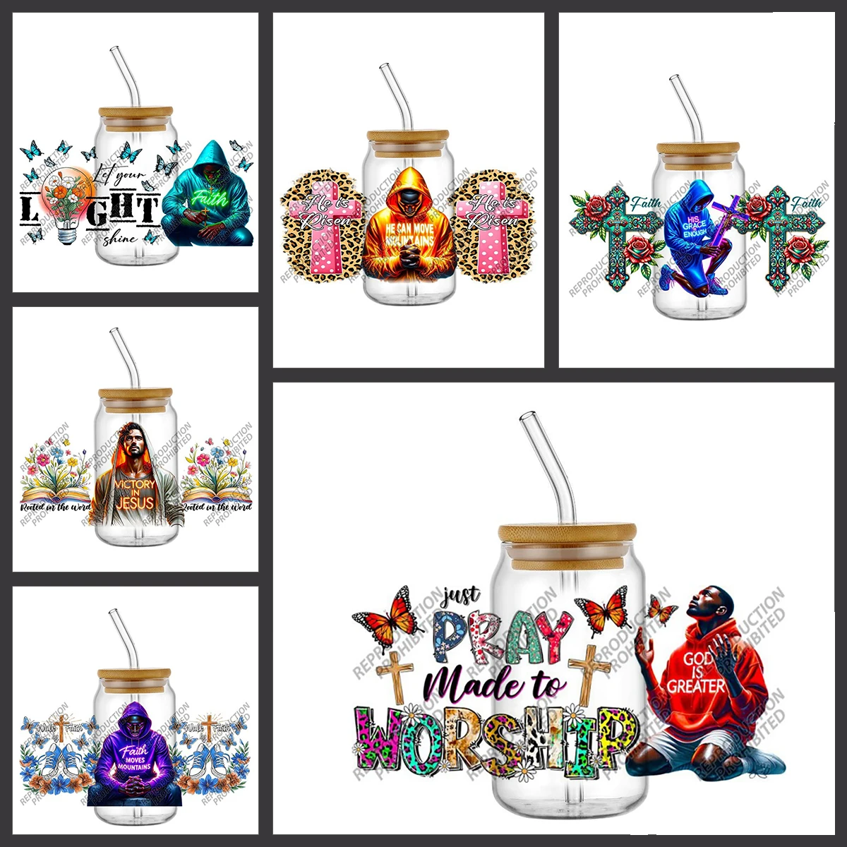 

Jesus God Christian Faith Theme UV DTF Cup Wrap Stickers Waterproof Libbey Glasses Wrap Decals DIY Cold Transfer Cup Stickers