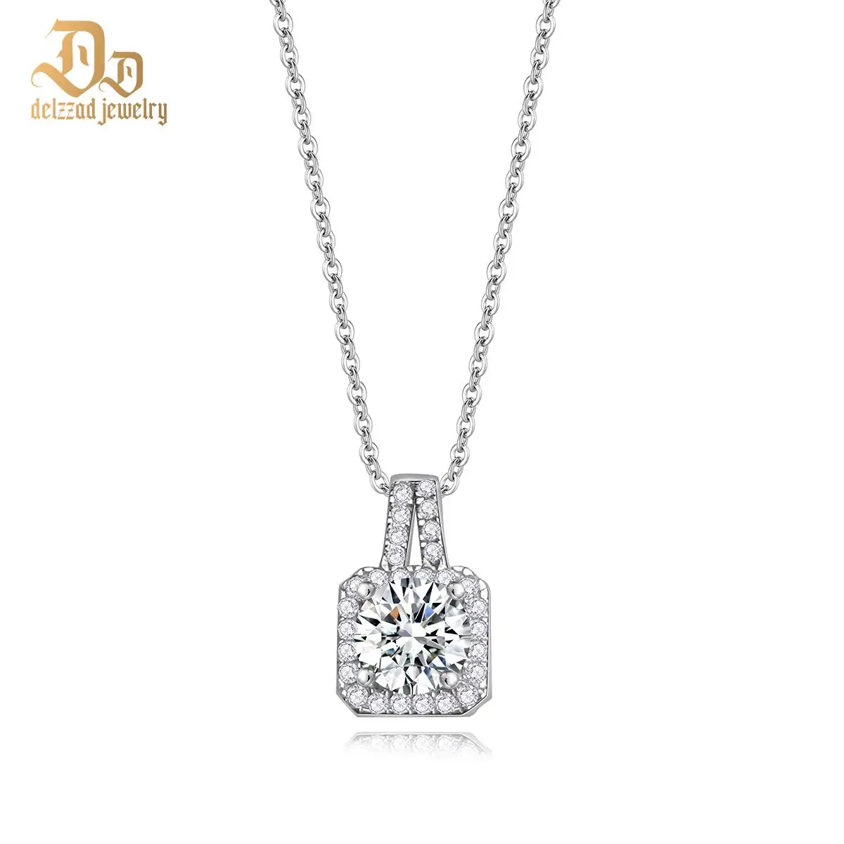 

New Delzzad 100% S925 Sterling Silver 1 Carat Moissanite Square Pendant Women's Necklace Simple and Elegant Exquisite Jewelry
