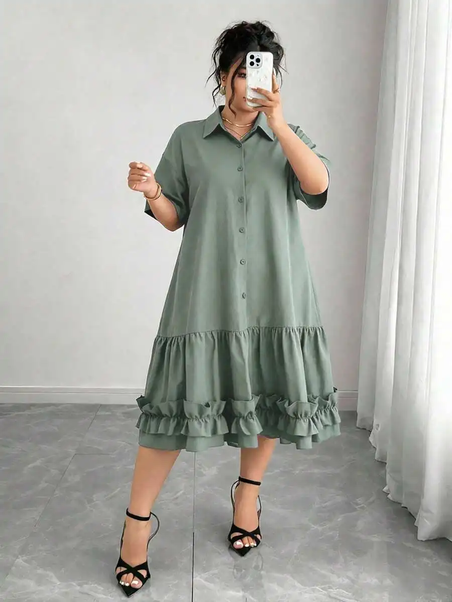 

Sage Green Plus Size Shirt Dress With Ruffle Hem Short Sleeve Casual Midi Dress