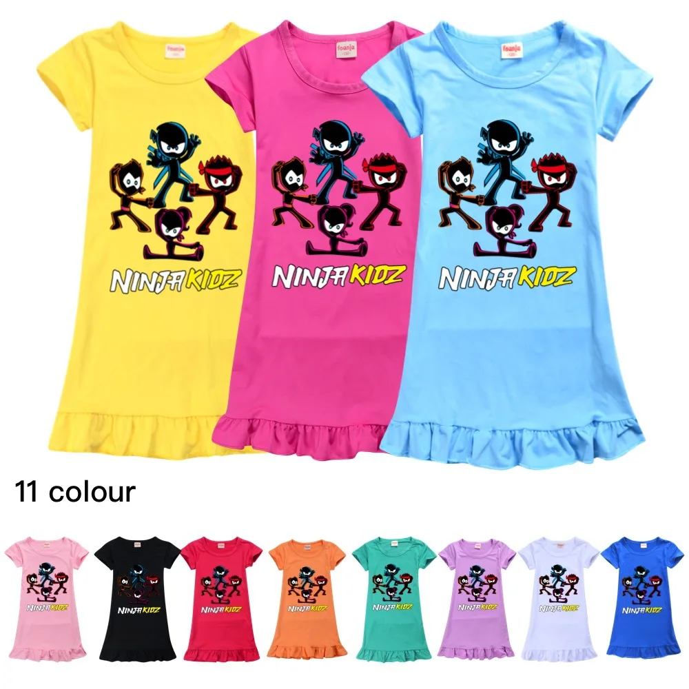 New Girls Clothes Ninja Kidz Children Long Short Sleeve Skirt Pajamas Dress 2-12T Fashion Summer Cool Dress Kids Dresses