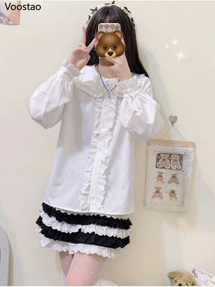 Sweet White Lolita Style Blouses Women Kawaii Rabbit Ears Peter Pan Collar Shirts Girly Cute Ruffles Patchwork Long Sleeve Tops