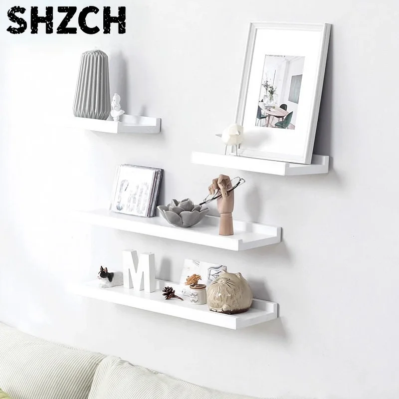 Floating Shelves Wall Mounted, White Solid Wood Drill Hanging Shelf, Storage Rack for Living Room, Bedroom, Study, Entrance