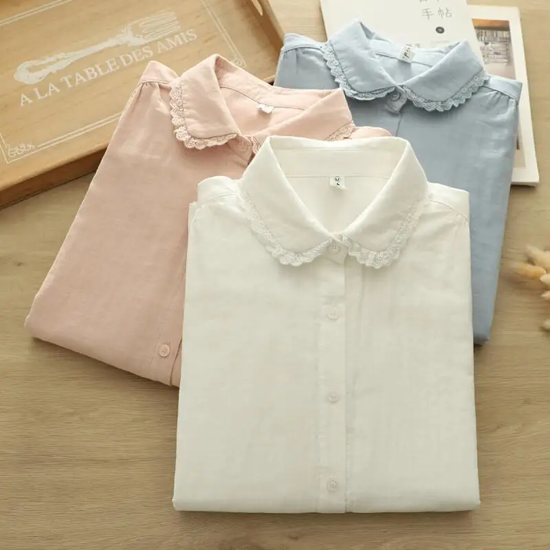 

Korean Style Women's Doll Collar Blouse Fashionable and Versatile Cotton Solid Color Long Sleeved Blouse Women's Work Blouse
