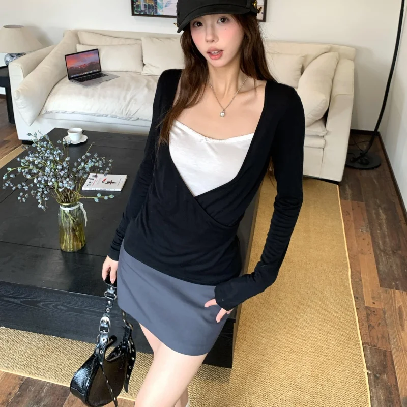 Damen Farbblock-Oberteil mit Langen Ärmeln in Schwarz, Einzigartiges Falsches Zweiteiler-Layering-Oberteil im Koreanischen Stil, Weiches Büro- und Freizeit-Top für den Herbst – Detail 19