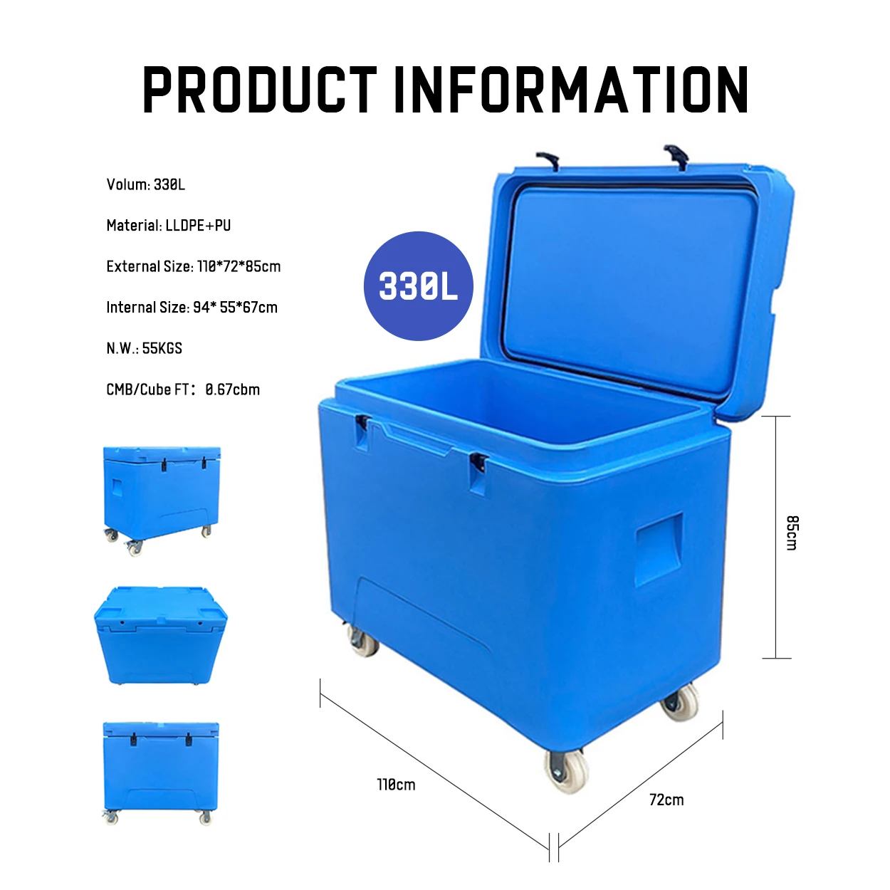 Everich Storage Container Roller Cooler Large Capacity 330L Events  Pubs OEM&ODM Seafood Processing Insulated Tub