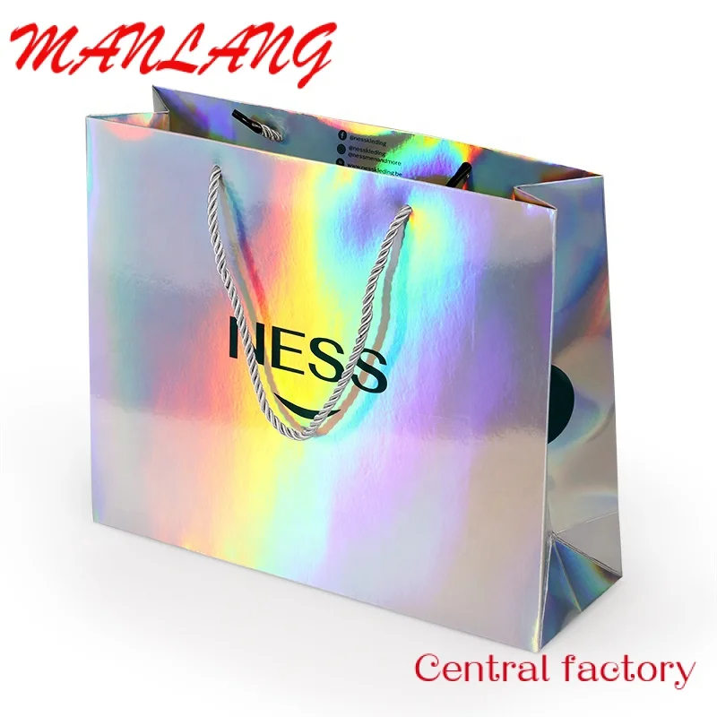 Custom  Custom your own logo printing private label beautiful holographic gift cosmetic carry bags luxury paper shopping bag wit