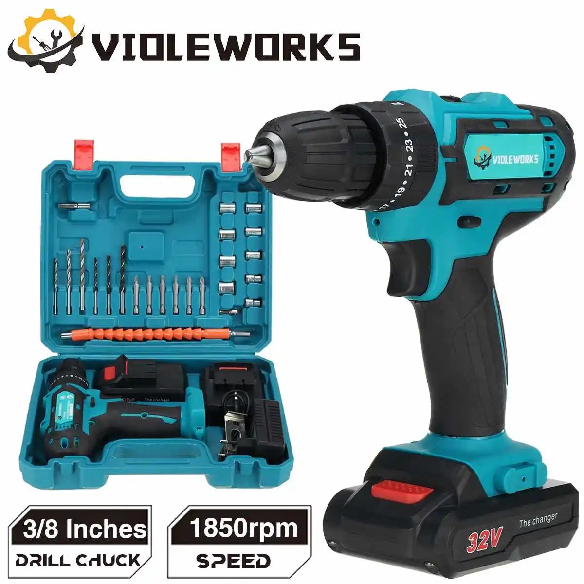 

3/8 inches Chuck Wireless Screwdriver Cordless Drill Driver Electric Screwdriver 1850RPM LED Light Two Battery Rechargeable