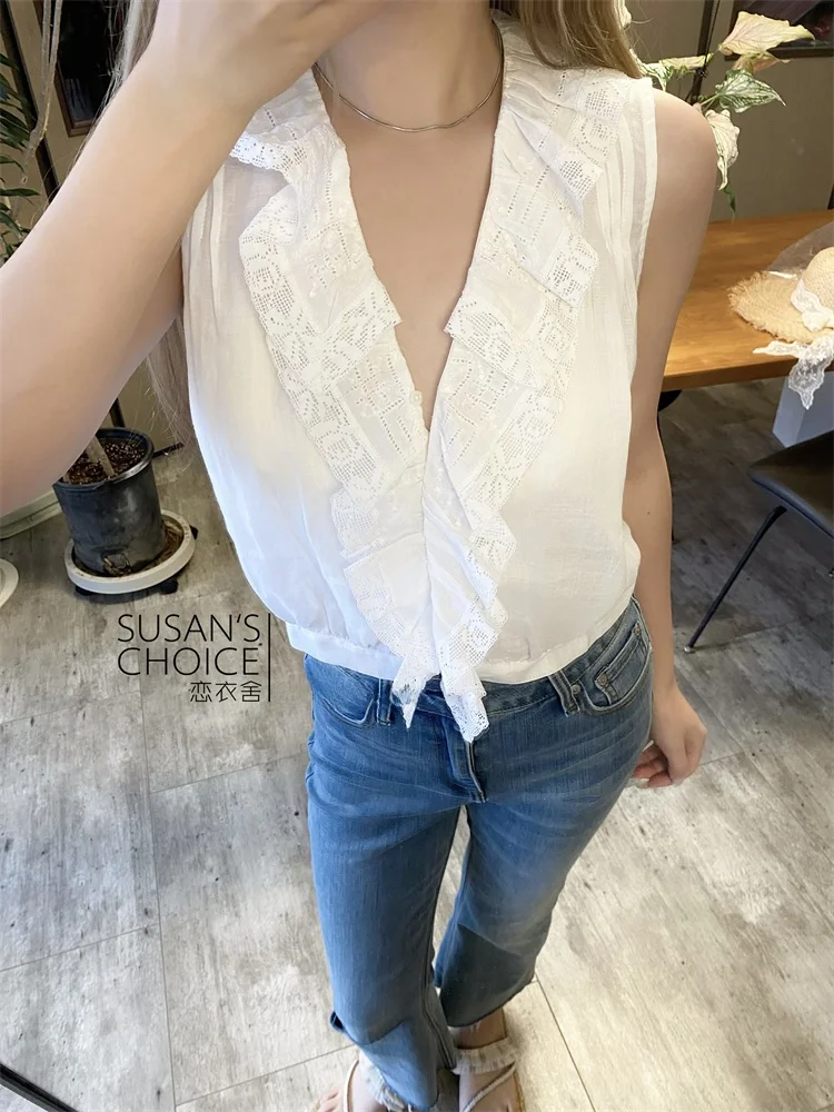 

Susan Do Summer Linen V-Ne Svel Top Women's Faion Commute Sle Loose Fit UV Protection White Lace Trim Splice Vest