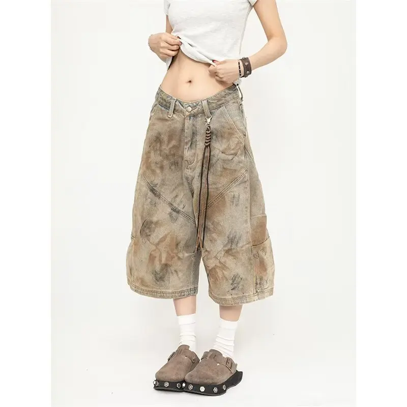 

Washed Distressed Tie Dye Denim Cropped Jeans Women Y2K Baggy Wide Leg Capri Shorts Streetwear Jorts with Adjustable Waist Strap