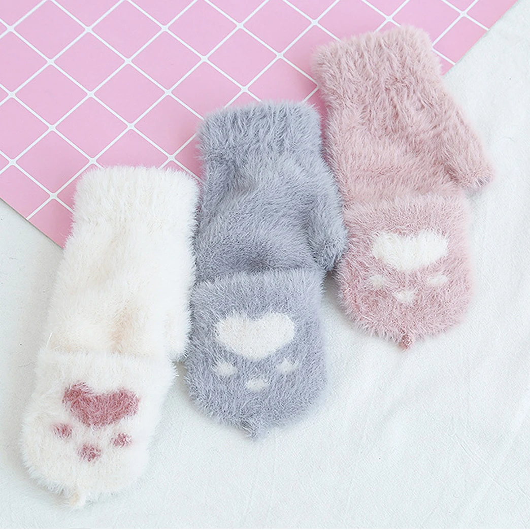 1 Pairs Winter Fingerless Gloves Warm Convertible Mittens Flap Cover Cat Paw Gloves for Women Cold Weather Cosplay