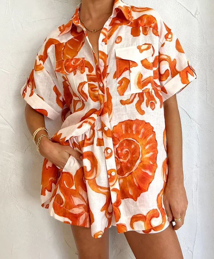 New 2024 Summer Fashion Trend Design Print Shorts Lapel Baggy Blouse Casual Suit Two Piece Sets Womens Outifits  Shorts