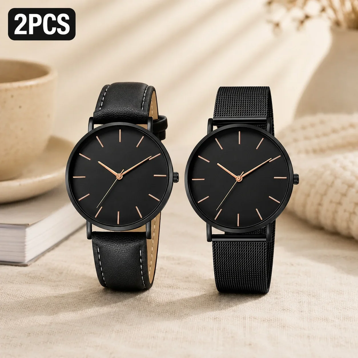 Luxury Simple Couple Watches Set 2Pcs Thin Round Dial Mesh Strap & Leather Band Quartz Wristwatches For Men Women Couple Gift