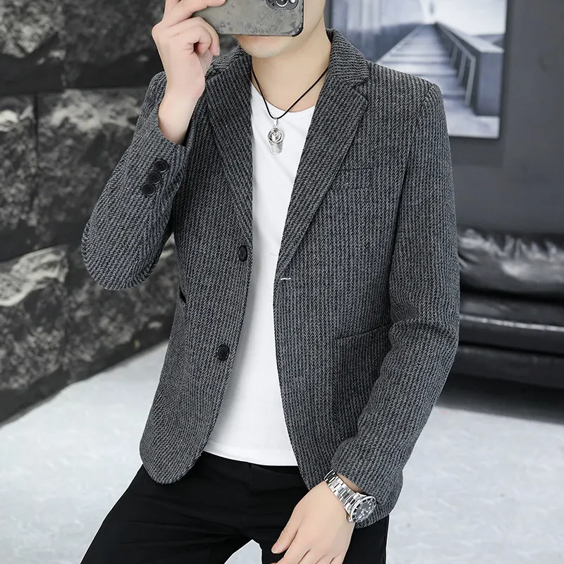 

Мужской повседневный однобортный костюм однотонного цвета, осенне-зимний, в полоску, молодежный, приталенный, не требующий глажки, с длинными рукавами