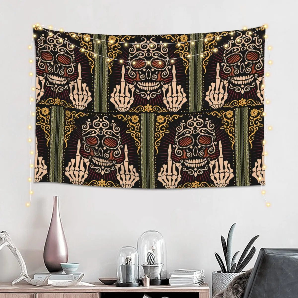 Sugar Skull Middle Skeleton Finger Mexican Filigree Day Of The Dead Tapestry Hippie Wall Hanging Aesthetic Home Decor Tapestries