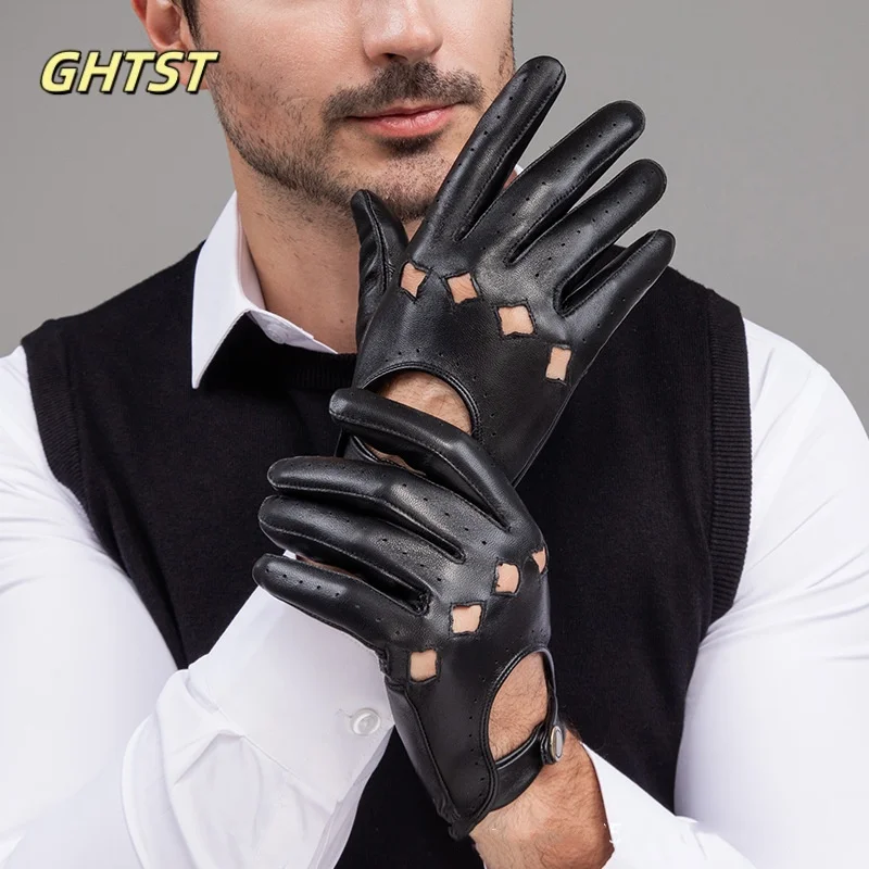 Black Brown Spring Male Pure Real Leather Half Finger Thin Gloves Man Genuine Sheepskin Driving Riding Guantes