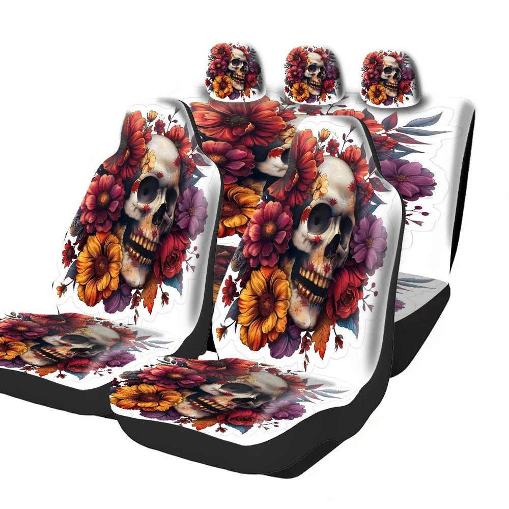 Juego completo de fundas para asientos de coche, diseño con estampado de calavera gótica y calavera mexicana (calavera de azúcar), tela transpirable y lavable, antideslizante