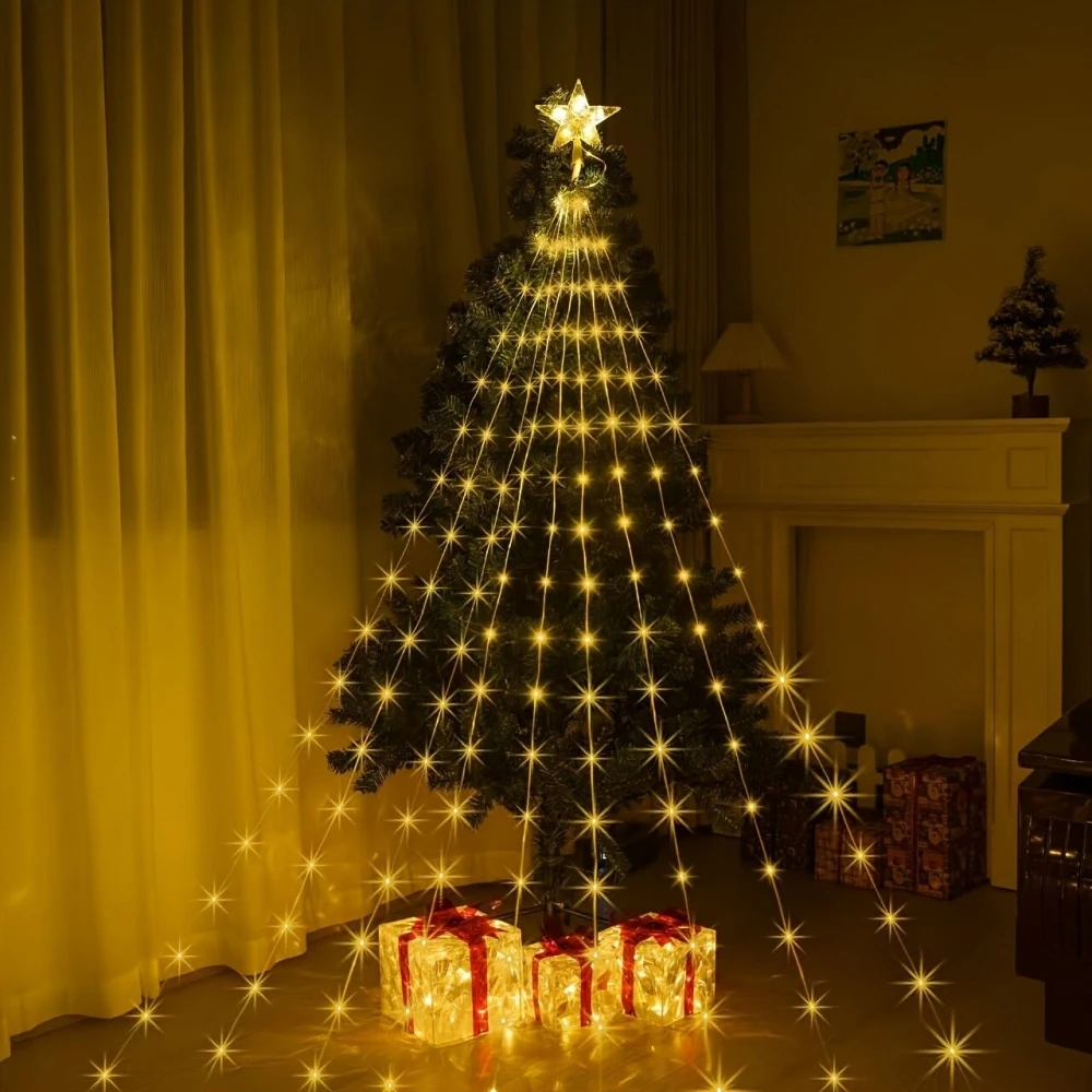 Christmas Tree Waterfall String Lights 192LED 282LED USB Powered Star Lights 8 Modes Remote for Xmas Tree Living Room Decor