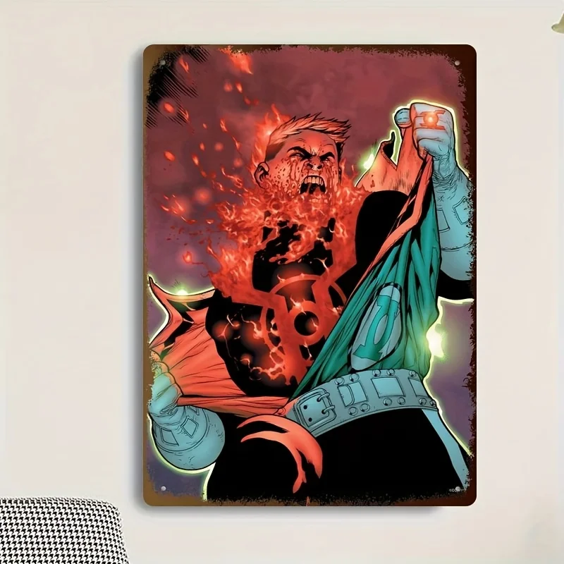 Retro Metal Tinplate Wall Art - Classic Superhero-Inspired Iron Painting, Vibrant Red & Green Character with Dynamic Pose, Perf