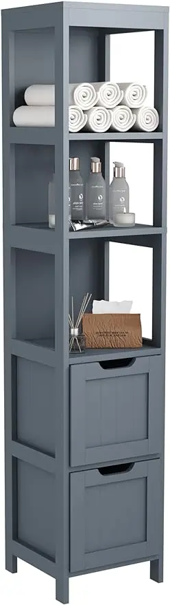 Bathroom Storage Cabinet, Slim Tall Cabinet, Narrow Floor Cabinet Organizer, Wooden Linen Tower with 2 Drawers and 3 Sh