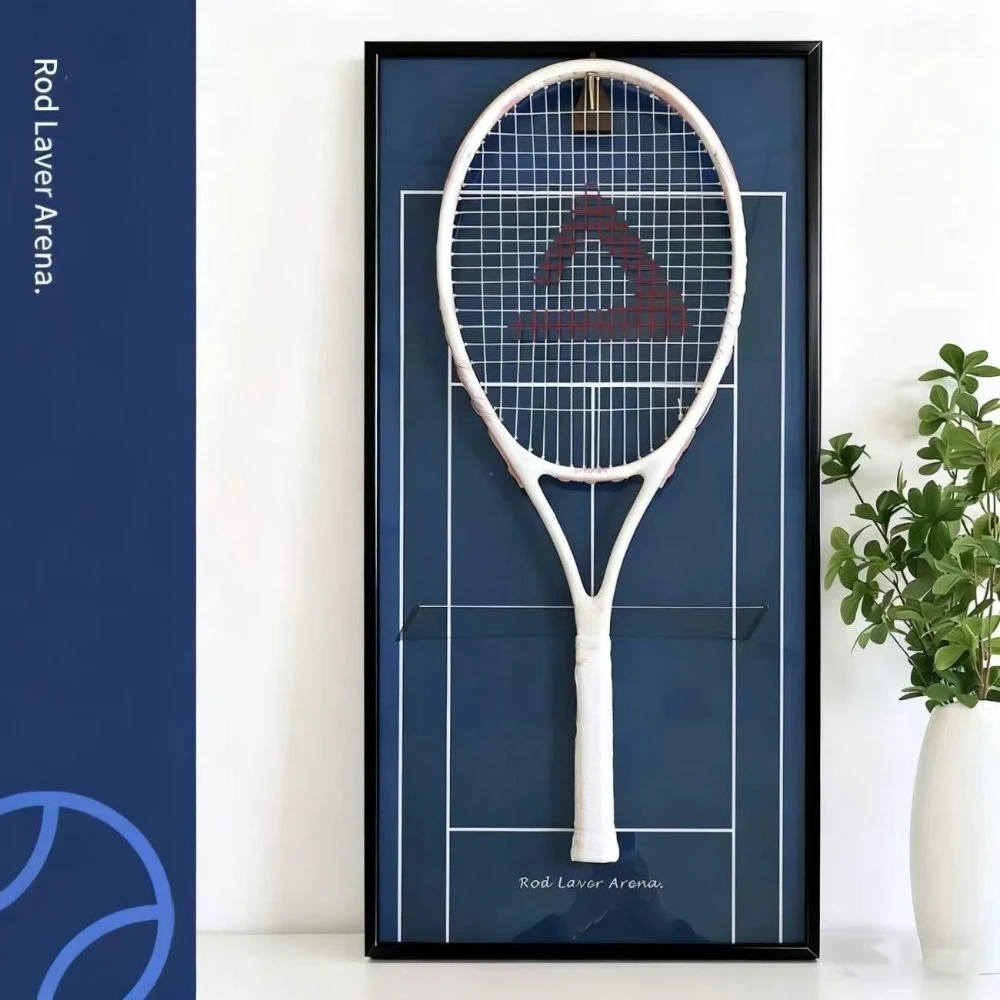 Tennis Racket Display Frame with Walnut Block & Copper Hooks, Wall Mount Holder for Vintage & Everyday Rackets, 40x80cm