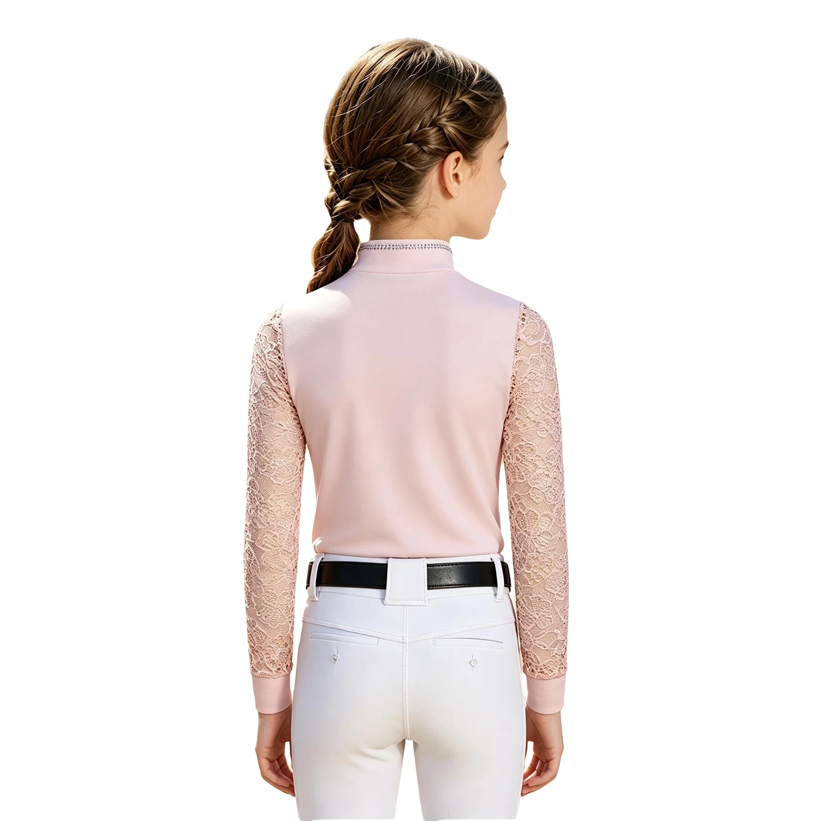 Kid Girls Horse Riding Sports Shirt Equestrain Show Shirts Lace Long Sleeves Rhinestone Half-zip Pullover Top Workout Sportswear
