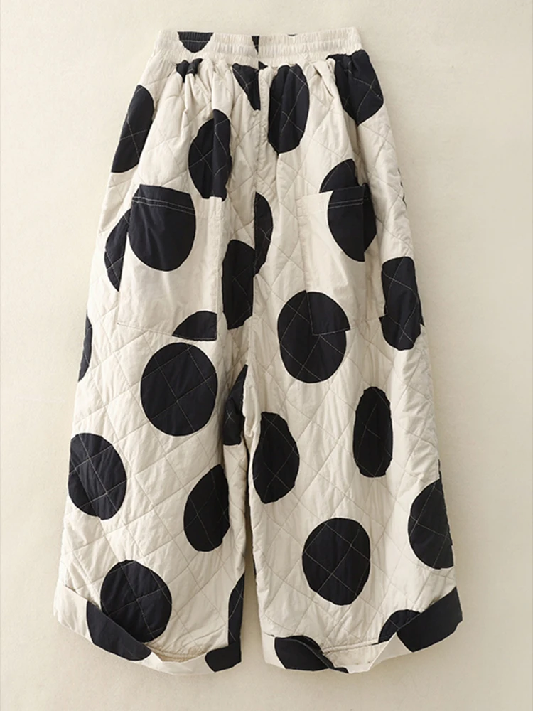 Europeu polka dot impresso para baixo calças de algodão feminino inverno 2025 cintura elástica para uso casual grosso algodão acolchoado calças largas perna
